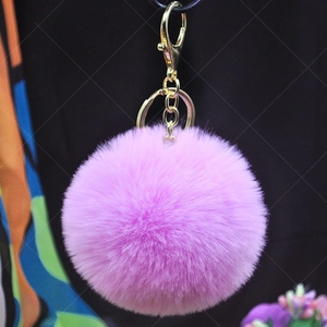 Pink faux rabbit fur pom pom keychain with golden metal ring for bags and car keys