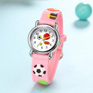 Kids sports watch with pink 3D relief strap featuring soccer and basketball patterns