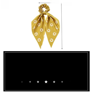 Detail showing dimensions of yellow daisy floral satin hair scrunchie with long ribbons