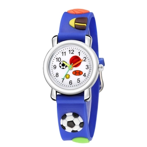 Blue kids sports watch with 3D embossed football and basketball silicone strap
