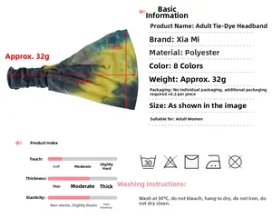Detail showing elastic tie-dye yoga headband size and polyester material specs
