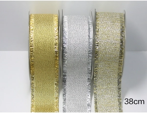 Close-up of 38cm metallic glitter ribbons in gold and silver with woven texture details