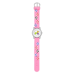 Detail of pink silicone watch strap with 3D embossed football patterns and metal buckle