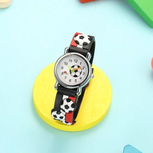 Detail showing 3D football relief on stripes strap and clock face for kids