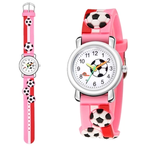 Detail of 3D embossed football pattern on pink silicone strap with rainbow watch hands