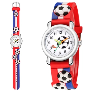 Detail of 3D football pattern on a colorful silicone strap and clear numeric dial for kids