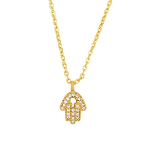 Gold Hamsa Hand pendant necklace with sparkling white zircons on a white background