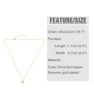 Detail view of gold-plated evil eye necklace with cubic zirconia and sizing info