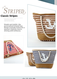 Detail of striped canvas tote with rope handles and anchor print in three colors