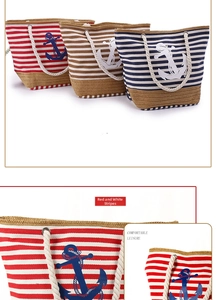 Detail of nautical stripe canvas beach bag with anchor print and thick cotton rope handles