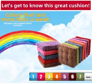 Detailed view of thick corn fleece chair cushions with nine-hole tufted design in multi colors