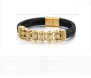 Detail of men's leather bracelet featuring golden stainless steel chain and buckle clasp