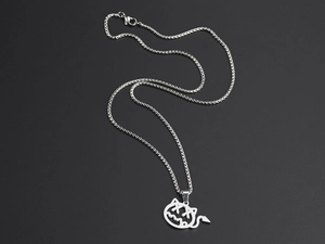 Close-up of a polished silver titanium steel little devil pendant necklace on a dark base