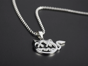 Detailed close-up of a silver stainless steel little devil cat pendant with a bead chain