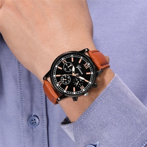 Montre homme quartz ultra-mince business avec bracelet en cuir marron et cadran noir