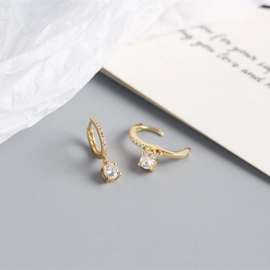 Elegant gold S925 sterling silver hoop earrings with clear round crystal pendants