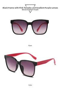 Detail view of large square sunglasses with black frame, pink temples and purple gradient lenses