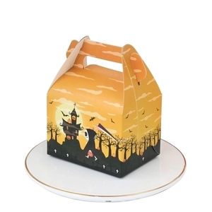 Halloween portable cake box with spider web and haunted house design in orange and black