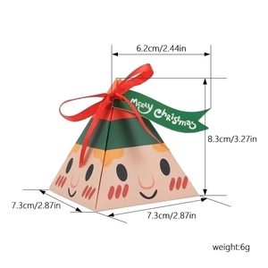 Christmas triangular gift box with elf pattern, red ribbon, and green merry christmas label