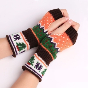 Thick knit fingerless Christmas gloves with colorful tree and snowflake patterns