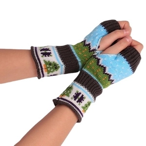 Thick knitted fingerless gloves with colorful Christmas tree forest pattern landscape