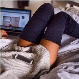 Over the knee long knitted yoga socks in navy blue for women comfortable winter wear