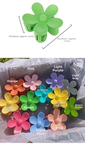 Detail view of 7.3cm matte flower hair claw clip showing size info and 12 color options
