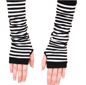 Classic black and white striped knitted arm warmers with fingerless design for women
