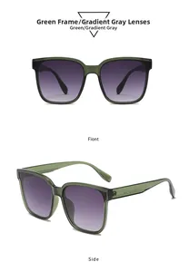 Detail of translucent green square frame sunglasses with gradient gray lenses