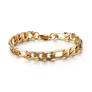 Bracelet Chaîne Figaro Homme Bicolore Or Argent Acier Inoxydable Maillons Texturés Fermoir Mousqueton Bijoux Hip Hop