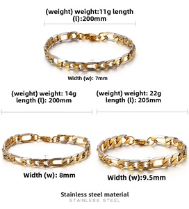 Trois tailles de bracelets Figaro bicolores en acier inoxydable avec détails techniques