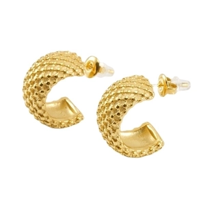 Polished 18K gold plated stainless steel C-shape earrings with textured dot pattern