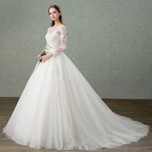 Elegant White Long Sleeve Lace Wedding Dress Ball Gown Illusion Neckline Cathedral Train Bridal Gown Formal Bridal Wear