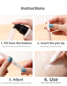 Four-step guide showing how to fill and use the rotary vacuum cosmetic applicator pen