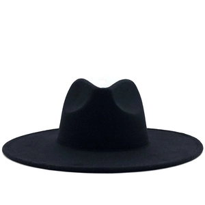 Detail of the high-quality wool felt material and flat wide brim on this black fedora hat