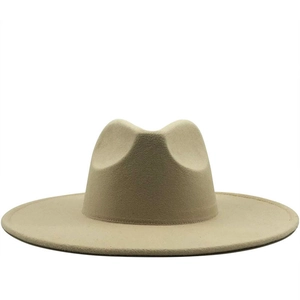 Classic beige wide-brimmed wool fedora hat with a stylish recessed crown for women