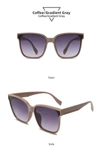 Front and side view of coffee brown square sunglasses with gradient grey lenses