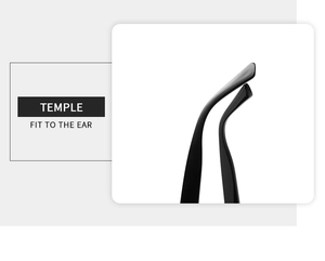 Detail of ergonomic black temple design for a comfortable fit to the ear on cat eye sunglasses