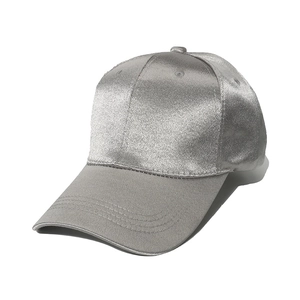 Silver satin baseball cap for women with matte gray brim in a 45-degree side view