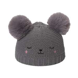 Dark grey knitted girls' beanie with double faux fur pom poms and cute animal face