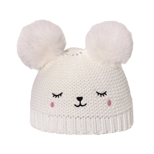 White knit baby hat with double faux fur pom poms and cute cat face embroidery