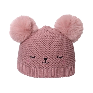 Pink knit winter hat for toddler girls with double pom-poms and cute animal face embroidery