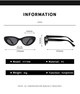 Detailed size specifications for YT7709 black cat-eye sunglasses with PC frame measurements