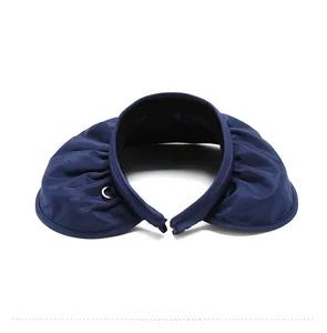 Rear view of dark blue sun hat with pleated brim and silver metal buckle closure