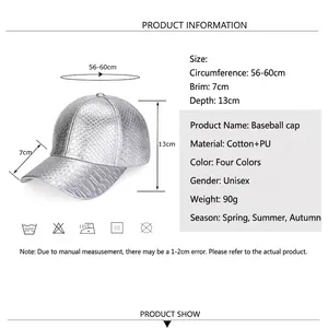 Size chart of unisex silver PU leather baseball cap with crocodile pattern and metal finish
