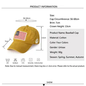 Yellow cotton baseball cap with USA flag patch and size chart, unisex streetwear style