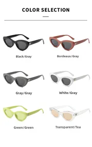 Detailed color selection of cat-eye sunglasses in black, white, green and bordeaux finishes
