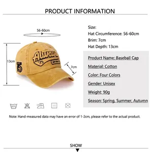 Washed cotton baseball cap size chart with 56-60cm circumference and breathable material