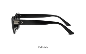 Detail shot of black cat-eye sunglasses with wide temples and metallic industrial accents