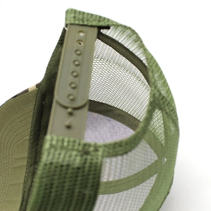 Army green mesh trucker hat with adjustable snapback closure for outdoor sun protection